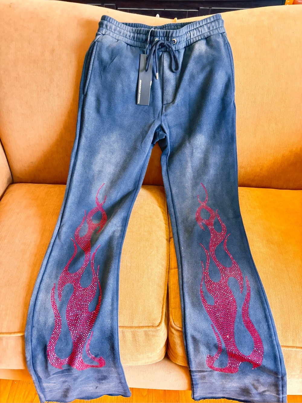 Men's Black Flared sweatpants  with Red Flame Embellishment